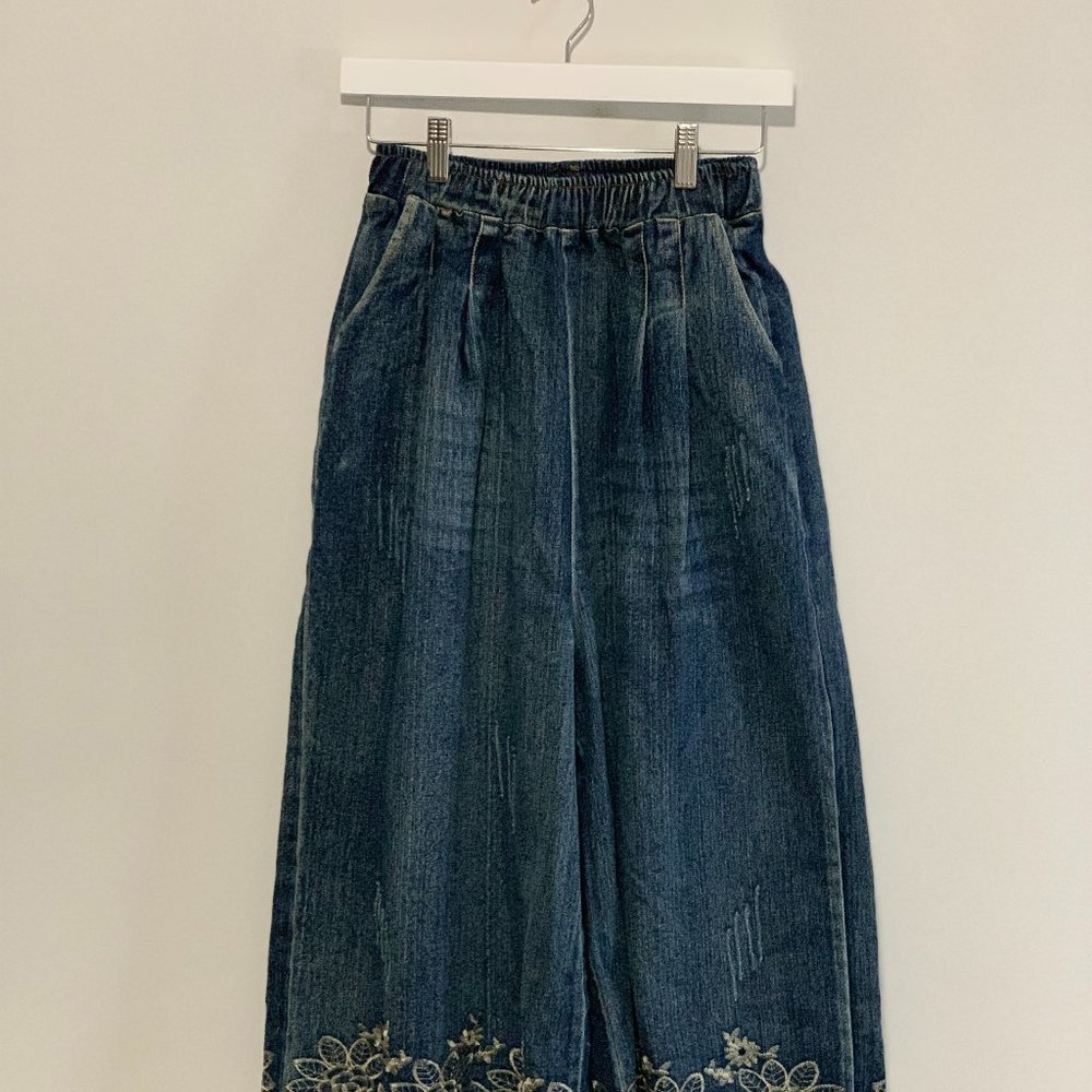ONE SIZE Jeans Denim Pants Trousers Bottoms Lace Embroidery Flare Bell Wide Leg - Picture 2 of 9